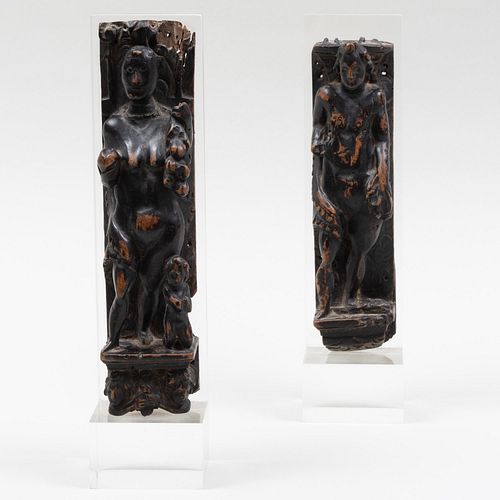 Pair of Continental Baroque Painted Figural Pilasters