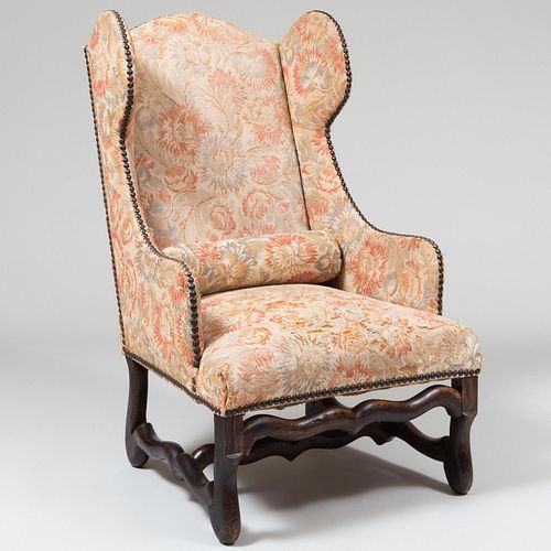 Louis XIV Style Stained Oak Needlepoint Upholstered Wing Back Bergere, of Recent Manufacture