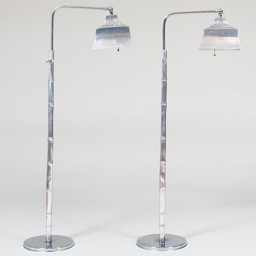 Pair of Modern De Campos Polished Stainless Steel Faux Bamboo Adjustable Floor Lamps