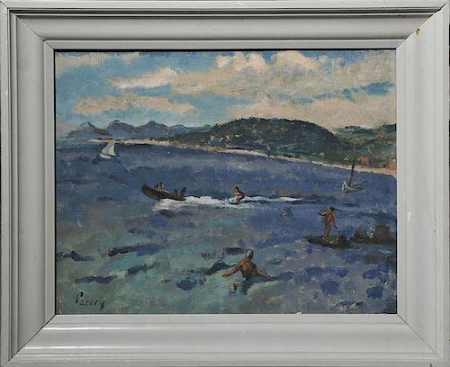 Oil on canvas, Impressionist lake scene with figures enjoying water sports