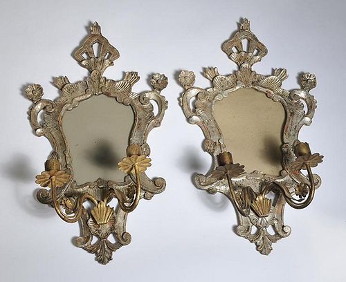 Pair of Italian Rococco style wall sconces with double brass candlearms, 23"H. x 10"W.
