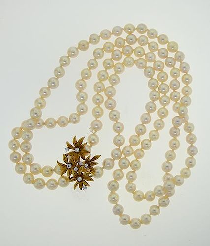 14k yellow gold pearl and diamond double strand necklace