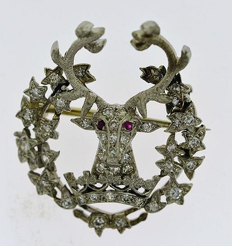 Edwardian platinum diamond and ruby reindeer pin