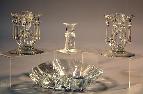 Baccarat bowl, one Steuben tear drop candlestick, one pair of Fostoria (?) candlesticks
