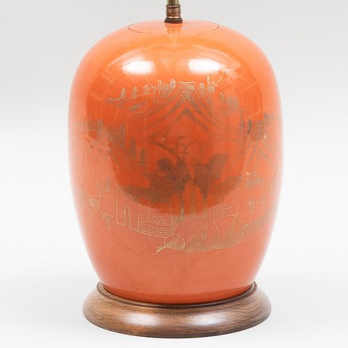 Chinese Iron Red and Gilt-Decorated Jar Mounted as a Lamp
