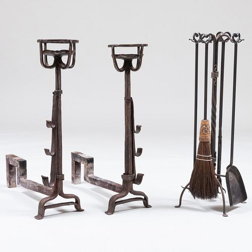 Pair of Large Rustic Wrought Iron Andirons Together with Set of Wrought Iron Fire Tools with Heart-Shaped Design