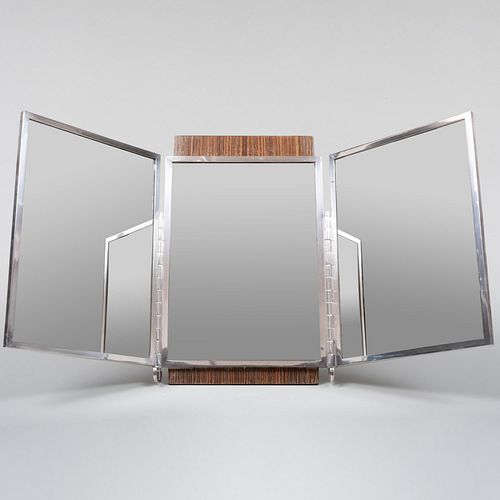 Art Deco Calamander and Silver Three-Panel Dressing Mirror