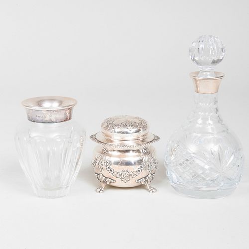 Two English Silver Mounted Glass Articles and an American Silver Powder Box