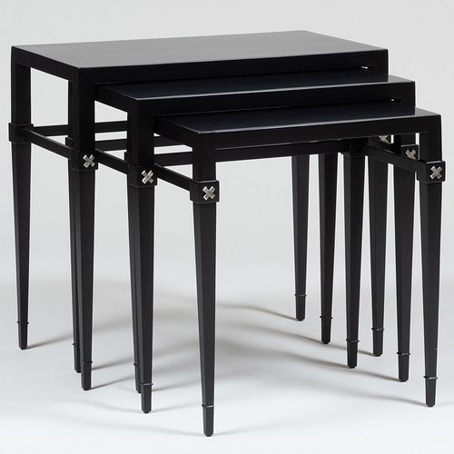 Set of Three Tommi Parzinger for Charak Black Lacquer and Nickel Nesting Tables