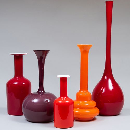 Group of Five Colored Glass Vases