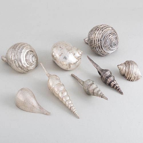 Group of Eight Silver-Metal Overlay Shells 