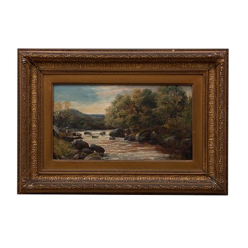 FIRMADO H.MANTLEY. INGLATERRA, Ca. 1900. Paisaje de río con pescadores. Óleo sobre tela. Enmarcado. Detalles de conservación
