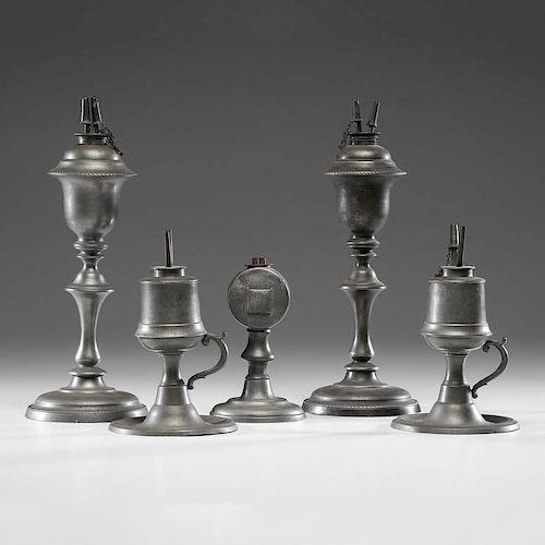 Pewter Whale Oil Lamps, Including Double Bulls-eye Lamp