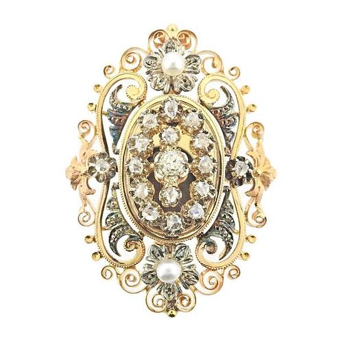 Antique 18k Gold Silver Diamond Pearl Brooch Pendant