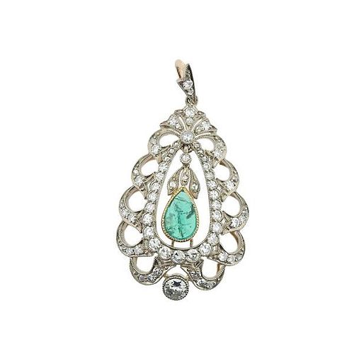 Russian 14k Gold Platinum Diamond Emerald Pendant
