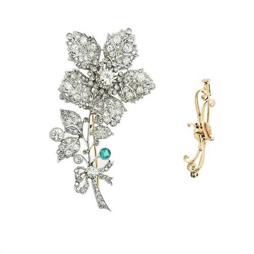 Platinum 18k Gold Diamond Emerald Flower Brooch Pin