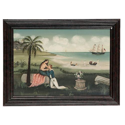 Folk Art Painting of a Sailor and Mermaid, Signed Martha Cahoon