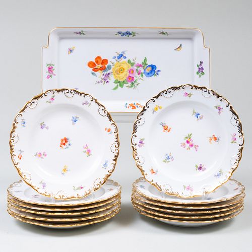 Set of Twelve Meissen Porcelain Dessert Plates and a Tray