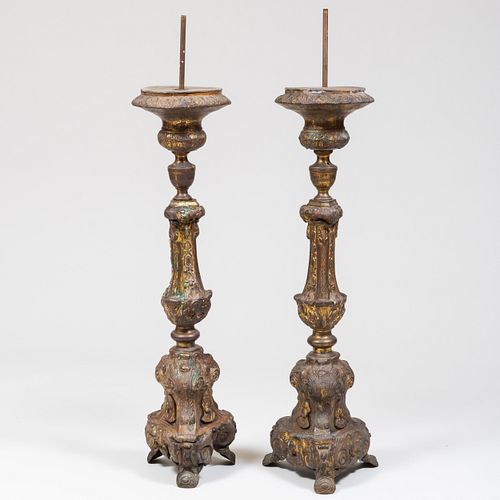 Pair of Continental Baroque Style Gilt Pressed Metal Pricket Sticks 
