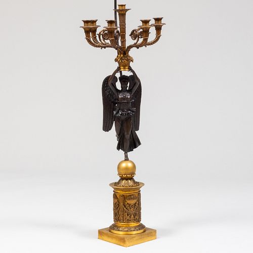 Empire Style Patinated-Bronze and Gilt-Bronze Figural Six-Light Candelabrum