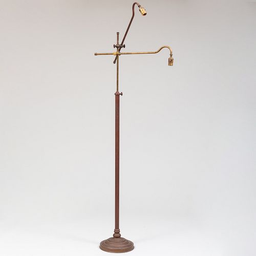 Edwardian Brass and Metal Adjustable Two-Light Floor Lamp