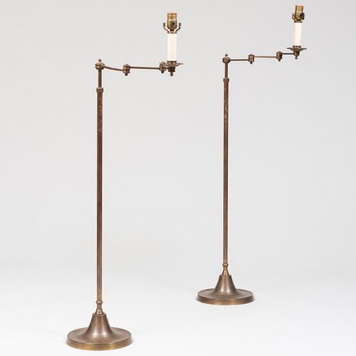 Pair of Modern Brass and Copper Swing Arm Floor Lamps Together with a Georgian Style Mahogany Floor Lamp