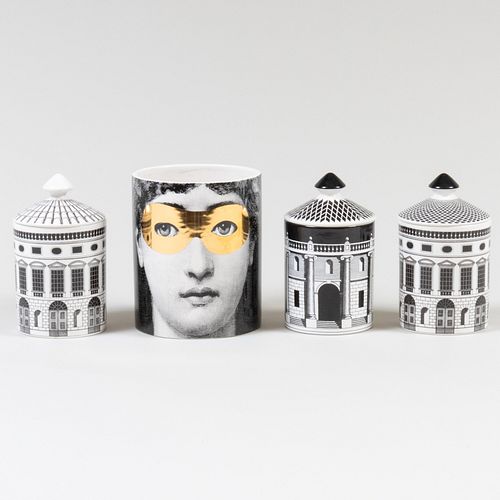 Group of Four Fornasetti Porcelain Candle Canisters
