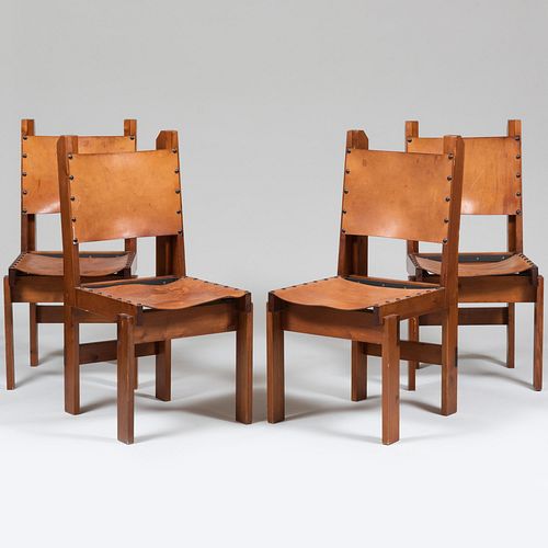 Set of Four Modern Pine and Leather Dining Chairs in the Style of Pierre Chapo