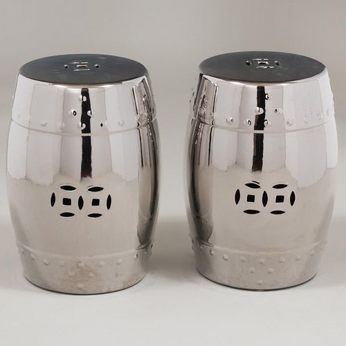 Pair of Silver Lustre-Glazed Ceramic Barrel-Form Garden Seats