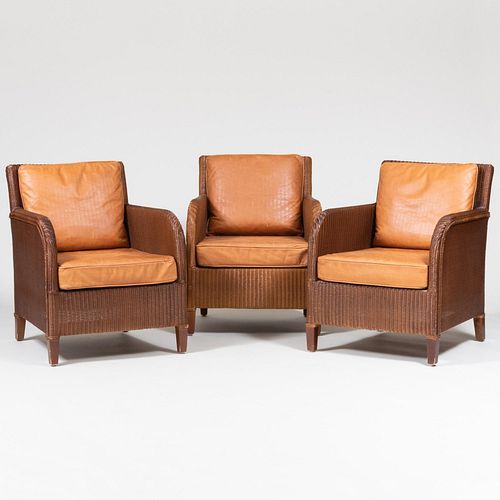 Three Contemporary Wicker and Leather Armchairs