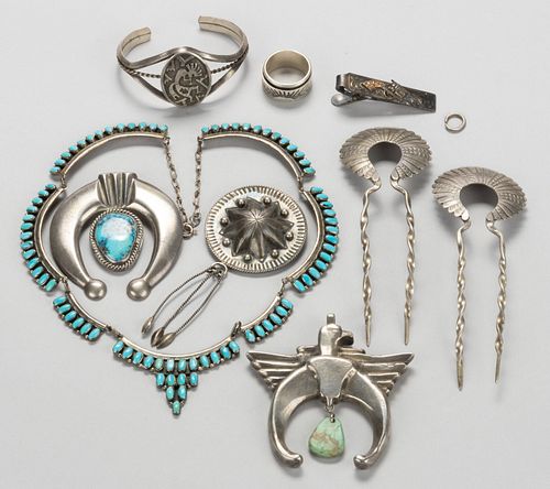 NATIVE AMERICAN / SOUTHWESTERN-STYLE SILVER-TYPE AND MEXICAN STERLING JEWELRY, LOT OF NINE