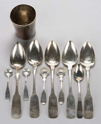 PHILADELPHIA, PENNSYLVANIA COIN SILVER SPOONS AND BEAKER / CUP, LOT OF 11