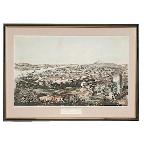A Fine and Rare Large Bird's-Eye View of Cincinnati, Covington & Newport by John William Hill (1812-1879)