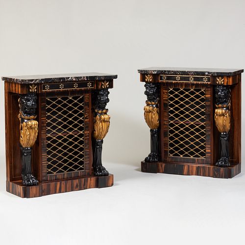 Pair Regency Gilt-Metal-Mounted Zebrawood, Ebonized and Parcel-Gilt Side Tables with Porto Marble Tops