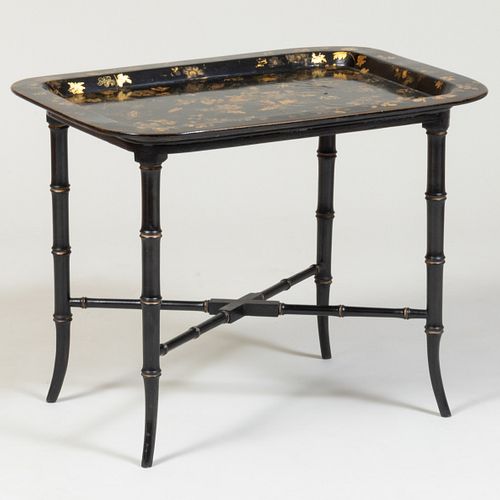 Victorian Black Painted and Parcel-Gilt Papier Mache Tray on a Later Stand