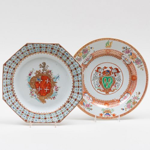 Chinese Export Porcelain Plate with Arms of Woodward and an Octagonal Plate with Arms of Chase