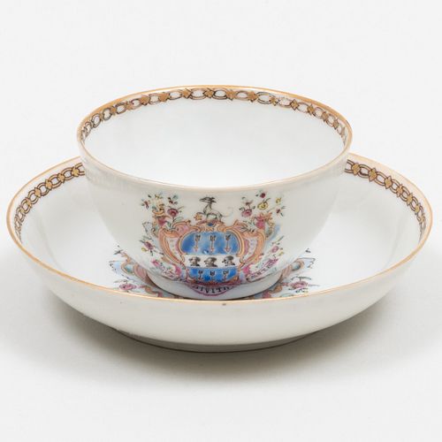 Chinese Export Porcelain Teabowl and Saucer with Arms of Watts or Keynell