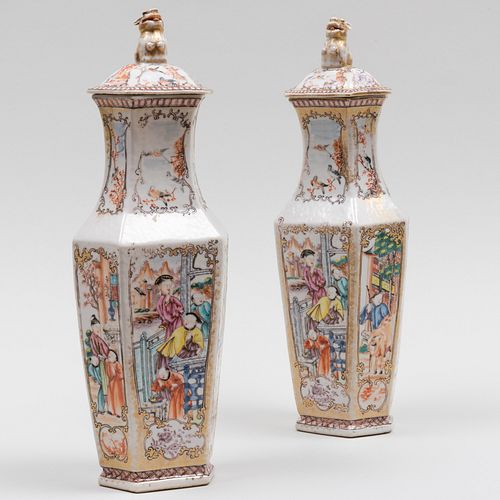 Pair of Chinese Export Famille Rose Porcelain Faceted Vases & Covers