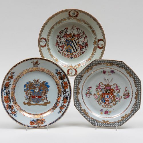 Group of Three Chinese Export Porcelain Armorial Plates
