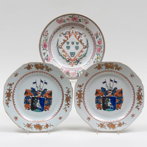Group of Three Chinese Export Plates, One with Arms of Izod