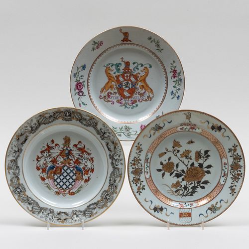Three Chinese Export Porcelain Armorial Plates