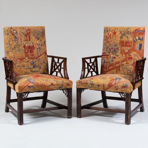 Pair of George III Style Mahogany Armchairs with Earlier Needlework Upholstery