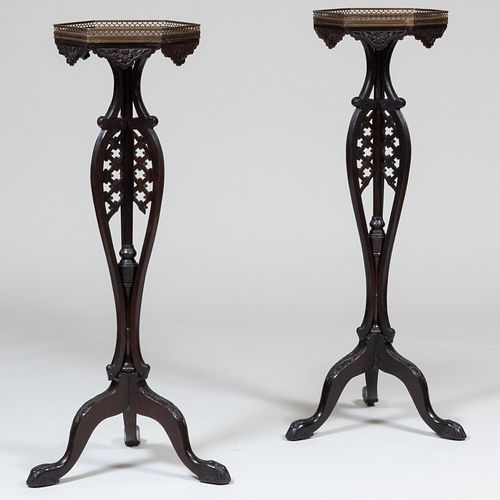 Pair of George III Style Brass-Mounted Carved Mahogany TorchÃ¨res