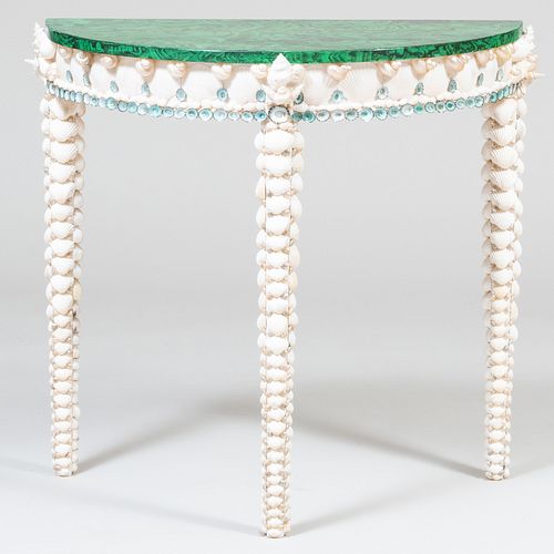 Contemporary Demi-lune Faux Malachite and Shell Encrusted Pier Table 