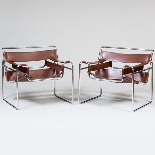 Pair of Marcel Breuer Chrome and Brown Leather 'B3 Wassily' Chairs