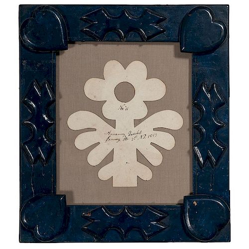 Blue Folk Art Frame with York, Pennsylvania Cut-Out Flower and Early Watercolor Still Life