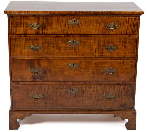 NEW ENGLAND CHIPPENDALE TIGER MAPLE CHEST OF DRAWERS