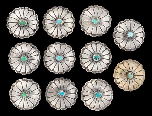 IKE WILSON OR KATHERINE WILSON (NAVAJO) NATIVE AMERICAN SILVER AND TURQUOISE BUTTONS, LOT OF TEN