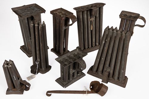 ASSORTED SHEET-IRON CANDLE MOLDS AND RELATED, LOT OF NINE