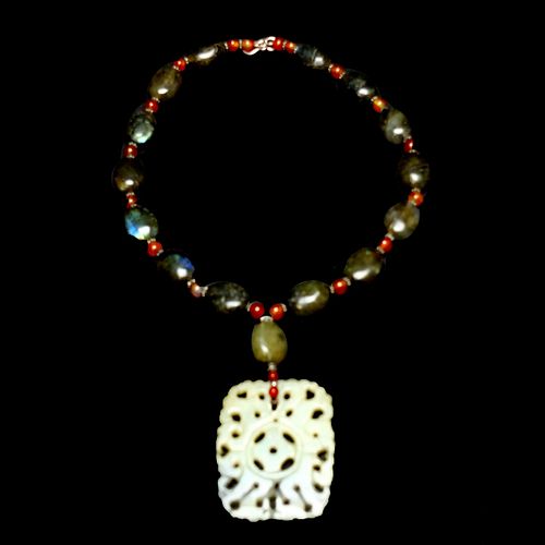 Vintage Labradorite, Coral, Jade Necklace
